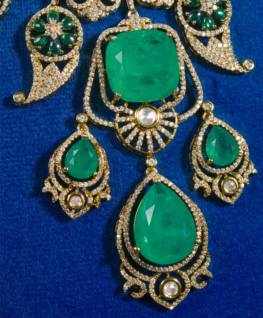 Royal Emerald Moissanite Finish Statement Necklace Set for Bridal & Party Wear - Image 3