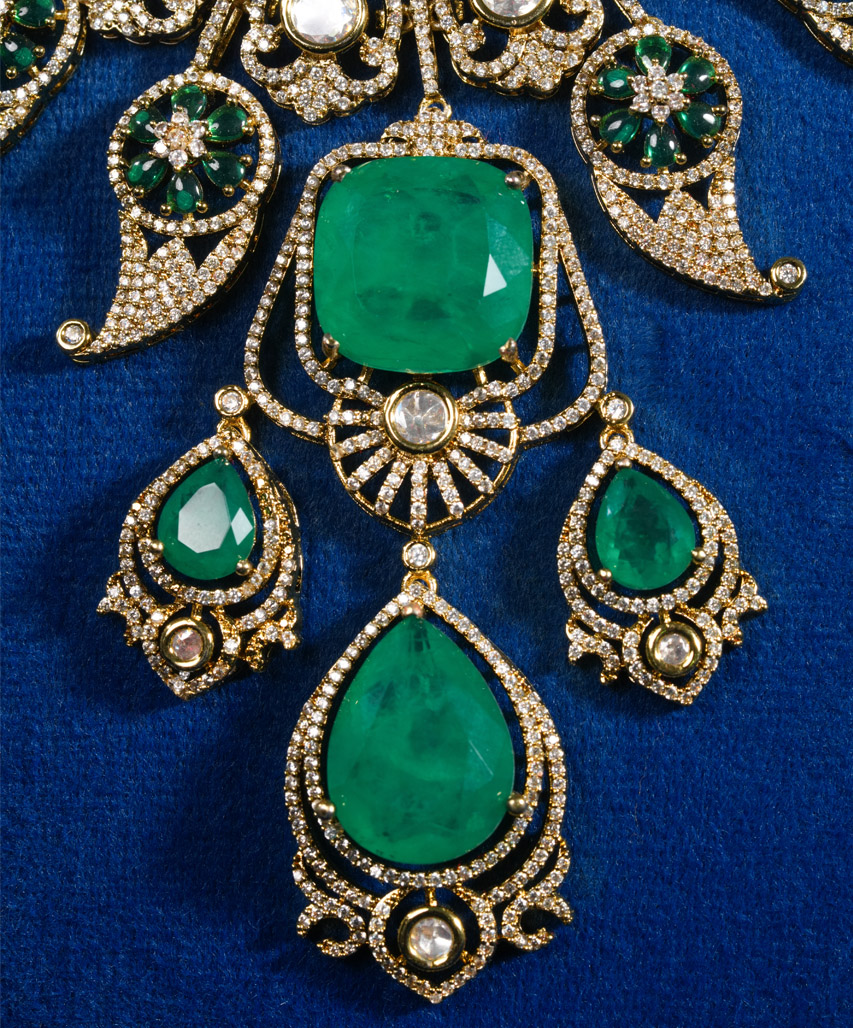 Royal Emerald Moissanite Finish Statement Necklace Set for Bridal & Party Wear - Image 6
