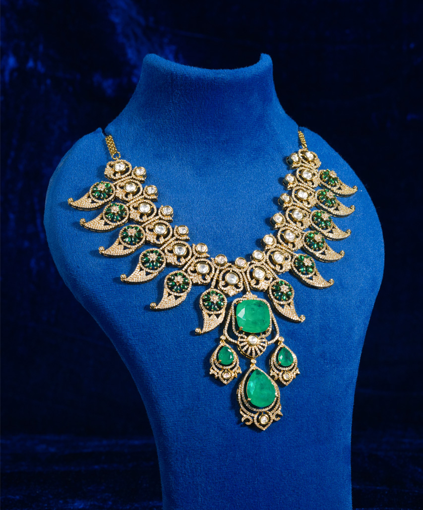 Royal Emerald Moissanite Finish Statement Necklace Set for Bridal & Party Wear - Image 2
