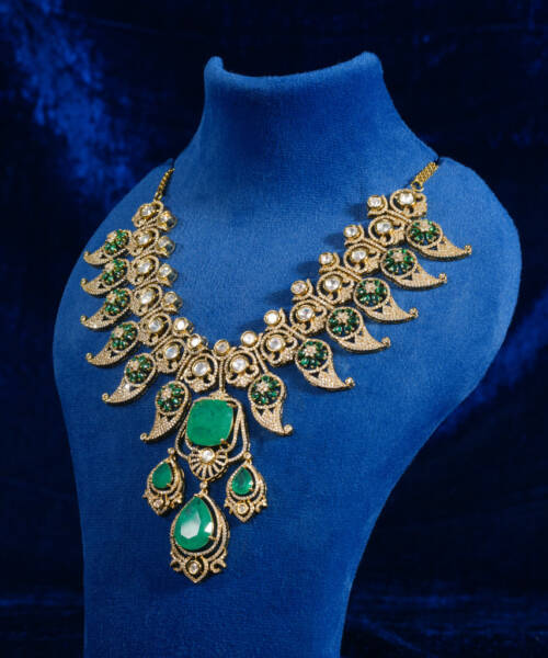 Royal Emerald Moissanite Finish Statement Necklace Set for Bridal & Party Wear