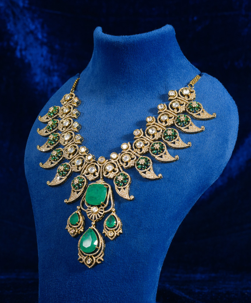 Royal Emerald Moissanite Finish Statement Necklace Set for Bridal & Party Wear