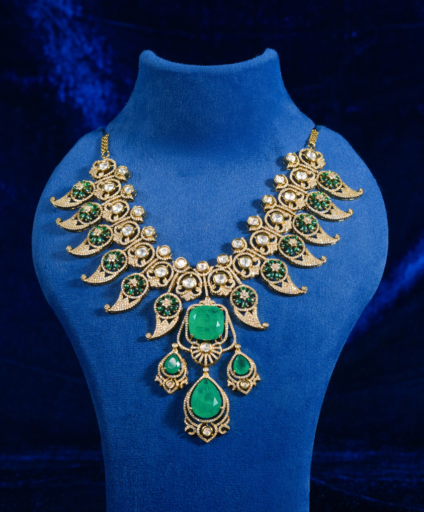 Royal Emerald Moissanite Finish Statement Necklace Set for Bridal & Party Wear - Image 4