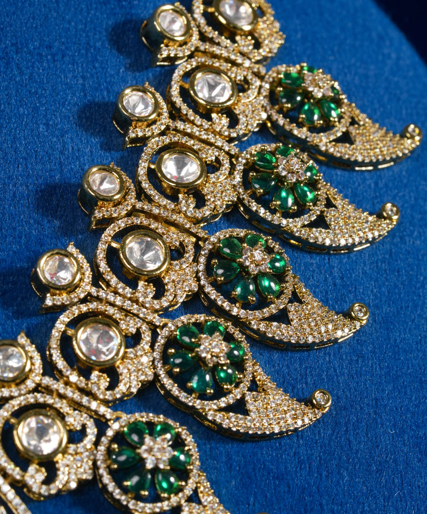 Royal Emerald Moissanite Finish Statement Necklace Set for Bridal & Party Wear - Image 5