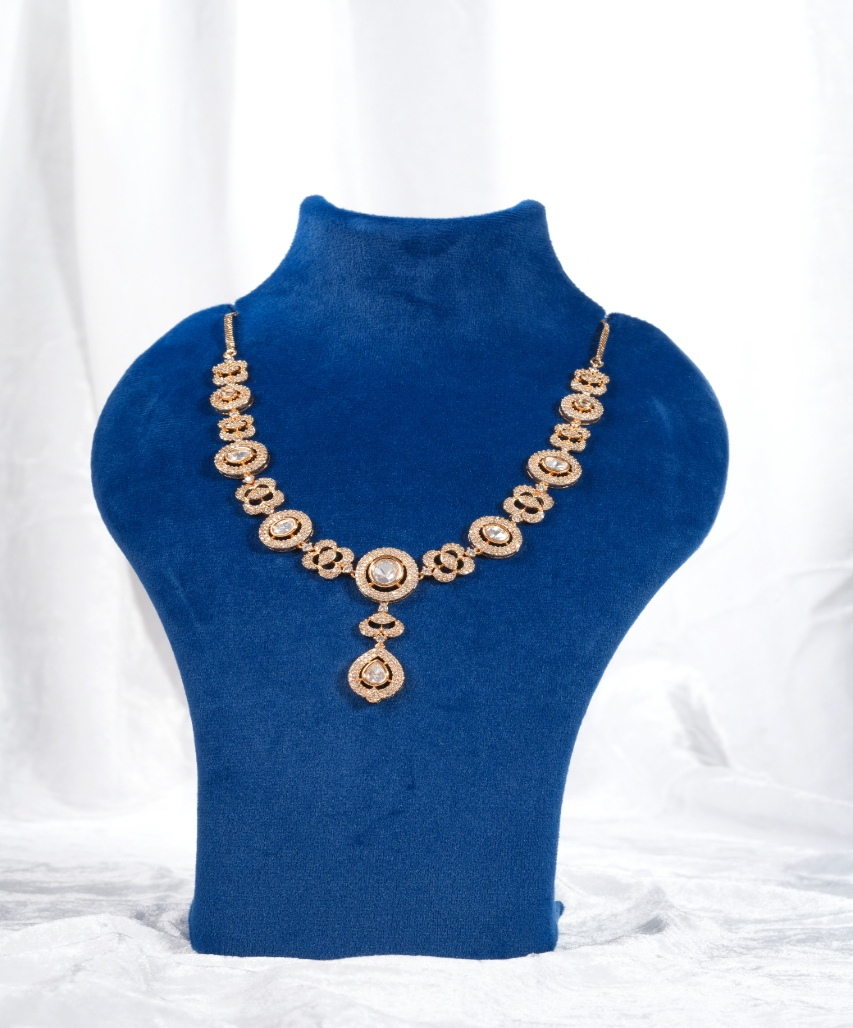 Rose Gold Floral Kundan-Inspired Moissanite Necklace Set with Teardrop Pendant - Image 2