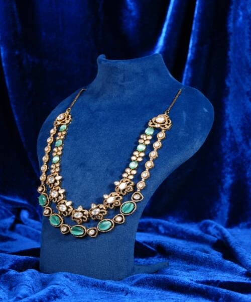 Royal Emerald Green Dual-Layer Moissanite Floral Necklace Set