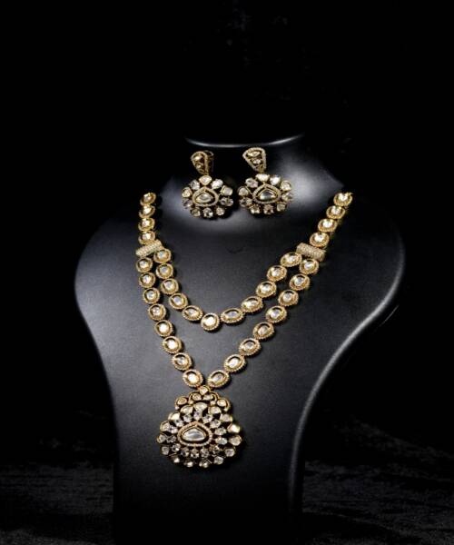 Royal Kundan Moissanite Finish Long Necklace & Earrings Set