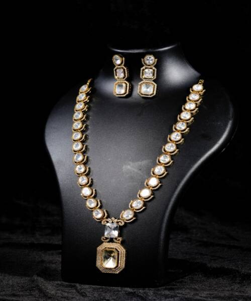 Royal White Kundan Moissanite Finish Long Necklace & Earrings Set