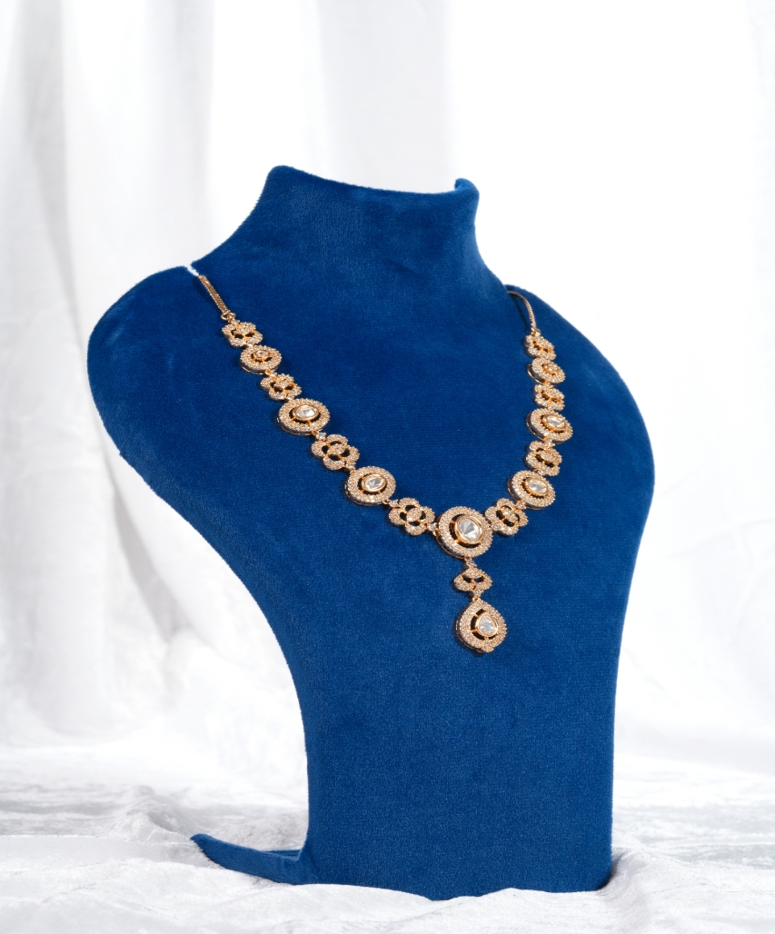 Rose Gold Floral Kundan-Inspired Moissanite Necklace Set with Teardrop Pendant - Image 4