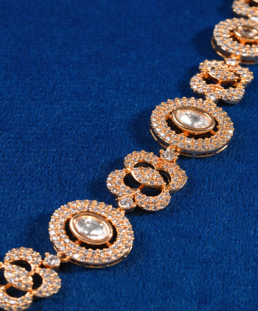Rose Gold Floral Kundan-Inspired Moissanite Necklace Set with Teardrop Pendant - Image 5