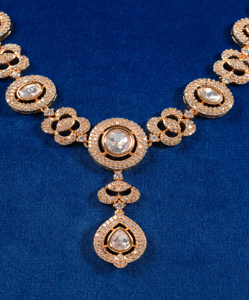 Rose Gold Floral Kundan-Inspired Moissanite Necklace Set with Teardrop Pendant - Image 3