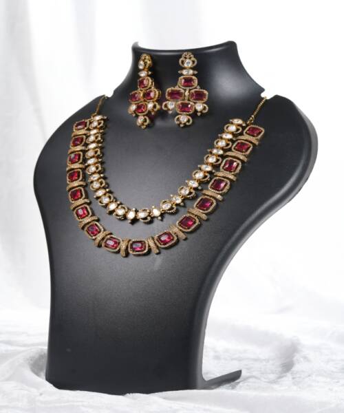 Royal Ruby & White Moissanite Double-Layer Kundan-Inspired Necklace Set