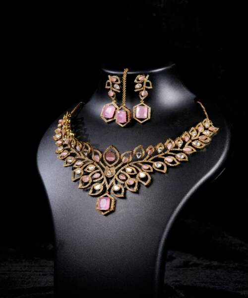 Royal Blush Pink Floral Moissanite Finish Necklace, Earrings & Maang Tikka Set