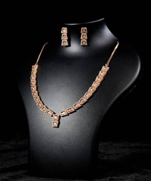 Elegant Rose Gold Geometric Moissanite Finish Necklace & Earrings Set